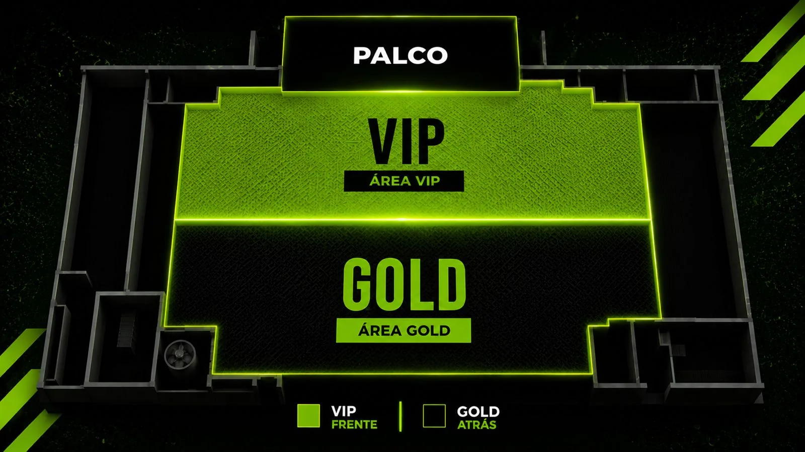 Mapa do evento Arrasta Para Cima 2026: área VIP na frente do palco, área Gold atrás